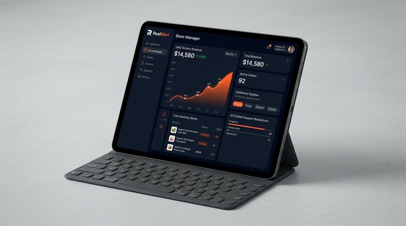Real-Mart administrative dashboard with order tracking and sales analytics