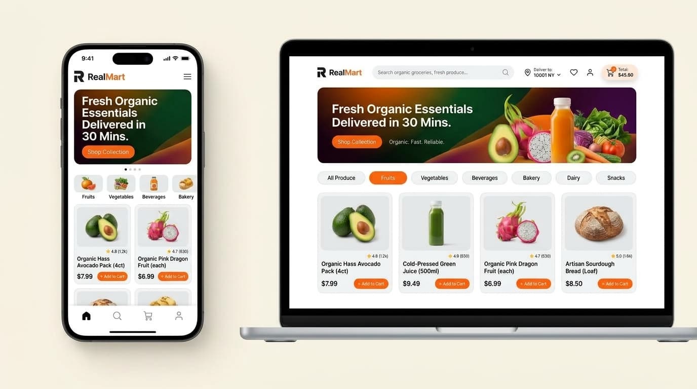 Real-Mart responsive experience across smartphone and laptop