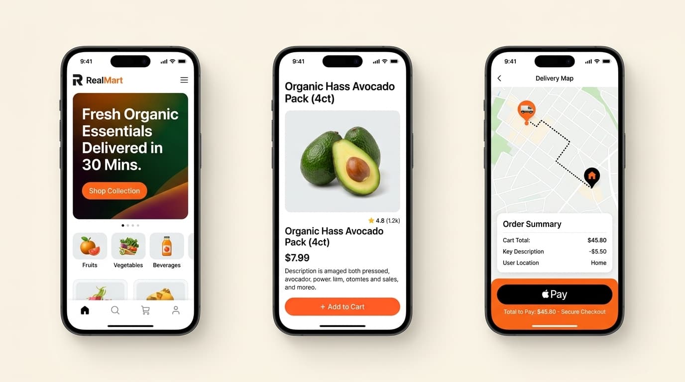 Real-Mart mobile checkout flow and delivery tracking interface